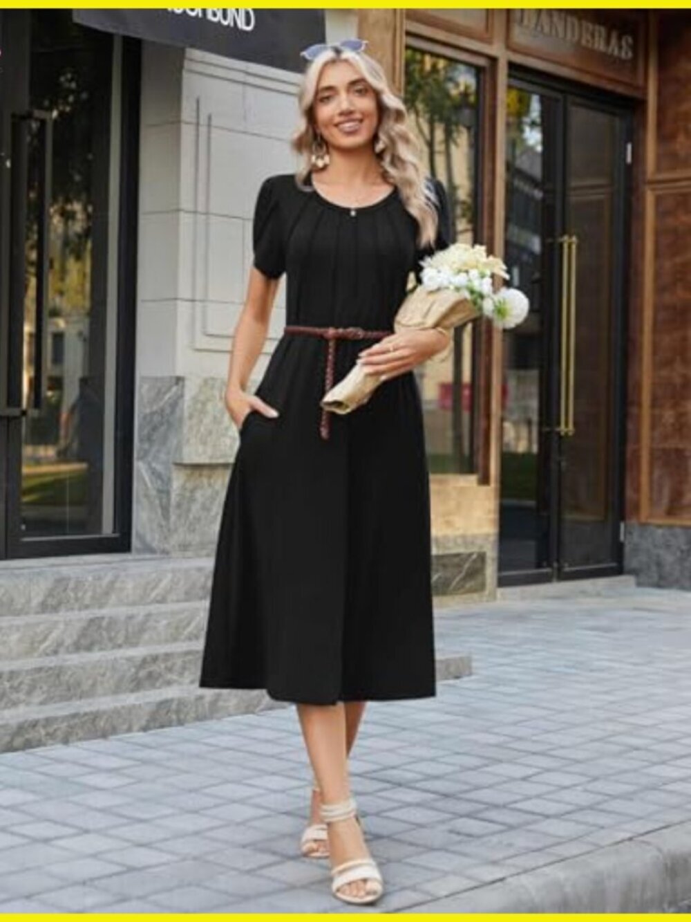 Pleated Midi Dress Boho Casual Summer Flowy A-Line Petal Sleeve Chic - Picture 5 of 7